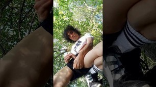 Adidas twink boy walking freeballing, wanking, cumming, pissing in public park