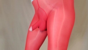 Pantyhose crossdress fun - red shiny nylon