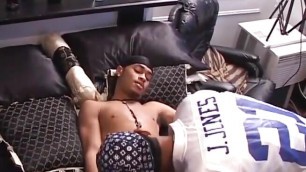 Slutty dude sucks cock while another drills his asshole hard in a steamy gay threesome