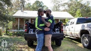 Redneck buds flip fuck after work on their truck