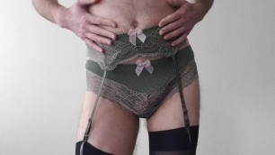Crossdresser masturbating wearing Garter Lingerie set.