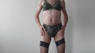 Jerking wearing green lingerie set