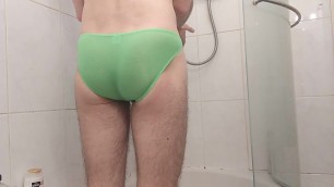 Showering and cumming in mesh briefs