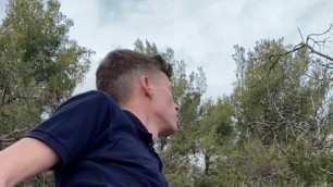 Young skinny twink Craig Kennedy cums hard in the woods